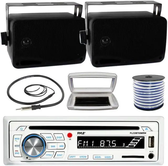 Main image of Pyle PLCDBT65 Single-DIN Marine Bluetooth USB/AUX CD Player AM/FM Stereo Receiver W/White Cover, 2x 3.5'' 200W Max Power 3-Way Indoor/Outdoor Wall Mount Black Speakers W/50 Feet 18G Wire, 22" Antenna