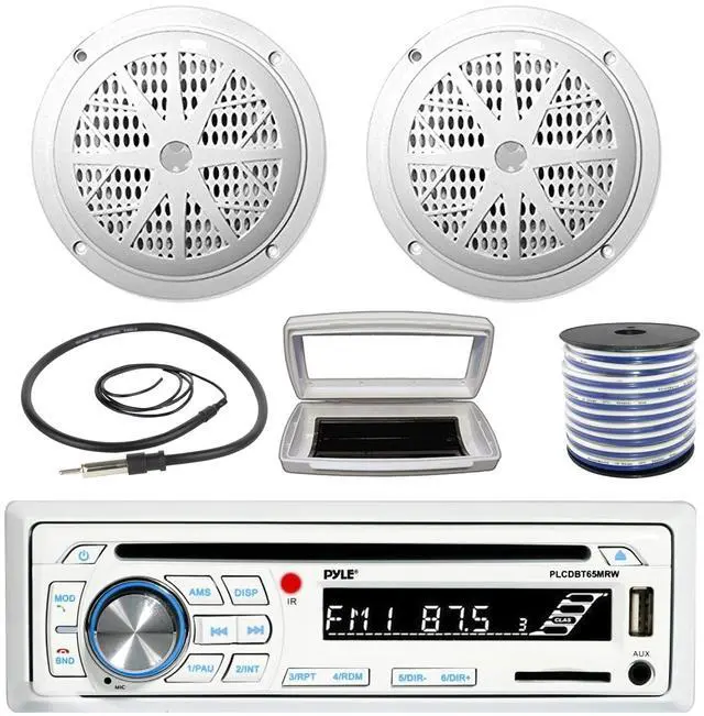 Main image of Pyle PLCDBT65 Single-DIN Marine Bluetooth USB/AUX CD Player AM/FM Stereo Receiver W/White Cover, 2x Pyle PLMR41W 4'' 100 Watt Max Power Dual Cone White Speakers W/50 Feet 18 Gauge Wire, 22" Antenna