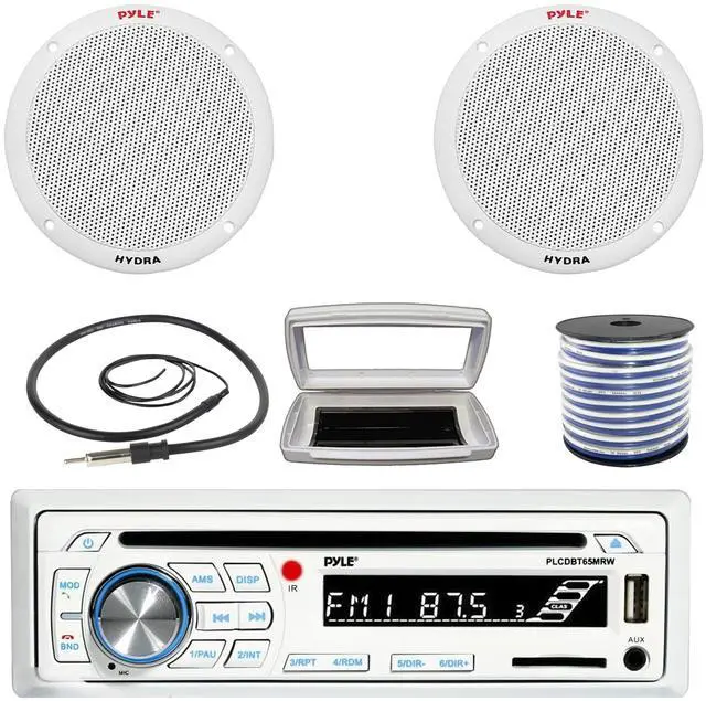 Main image of Pyle PLCDBT65 Single-DIN Marine Bluetooth USB/AUX CD Player AM/FM Stereo Receiver W/White Cover, 2x Pyle PLMR605W 6.5'' 400W Max Power Dual Cone 2-way Full Range Speakers W/50 Feet 18G Wire, Antenna
