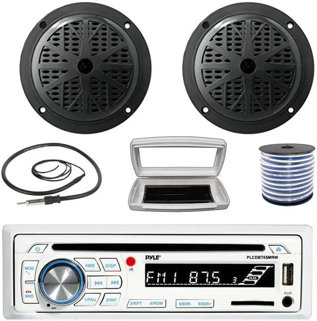 Main image of Pyle PLCDBT65 Single-DIN Marine Bluetooth USB/AUX CD Player AM/FM Stereo Receiver W/White Cover, 2x Pyle PLMR61B 6.5'' 120W Max Power Dual Cone Boat Audio Black Speakers W/50 Feet 18G Wire, Antenna
