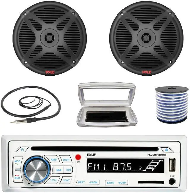 Main image of Pyle PLCDBT65 Single-DIN Marine Bluetooth USB/AUX CD Player AM/FM Stereo Receiver W/White Cover, 2x 6.5" 600 Watt Max Power Marine 2-Way Coaxial Full-Range Black Speakers W/50 Feet 18G Wire, Antenna