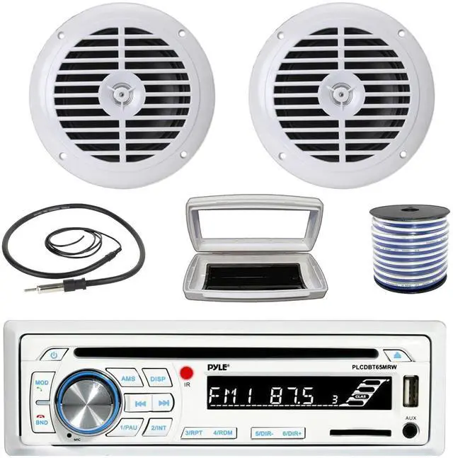 Main image of Pyle PLCDBT65 Single-DIN Marine Bluetooth USB/AUX CD Player AM/FM Stereo Receiver W/White Cover, 2x 6.5'' 120W Max Power Dual Cone Full Range Waterproof White Boat Speakers W/50 Feet Wire, 22" Antenna
