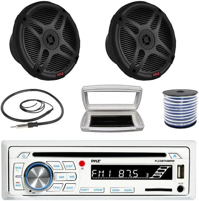 Main image of Pyle PLCDBT65 Single-DIN Marine Bluetooth USB/AUX CD Player AM/FM Stereo Receiver W/White Cover, 2x 6.5" 600W Max Power Dual Marine 2-way Coaxial Range Amplified Speakers W/50 Feet 18G Wire, Antenna