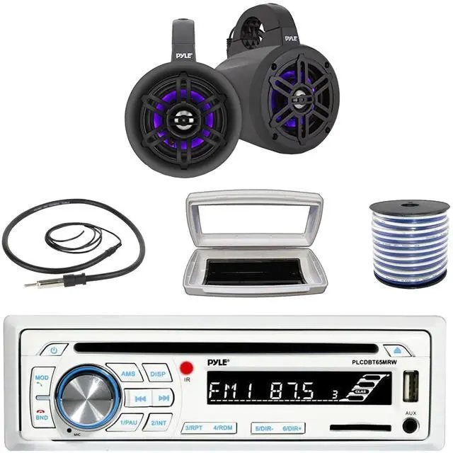 Main image of Pyle PLCDBT65 Single-DIN Marine Bluetooth USB/AUX CD Player AM/FM Stereo Receiver W/White Cover, 2x 4" 300W Max Power Waterproof Marine Wakeboard LED Tower Black Speakers W/50 Feet 18G Wire, Antenna