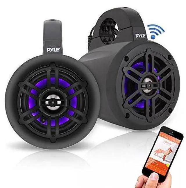 Alt view image 5 of 7 - Pyle PLCDBT65 Single-DIN Marine Bluetooth USB/AUX CD Player AM/FM Stereo Receiver W/White Cover, 2x 4" 300W Max Power Waterproof Marine Wakeboard LED Tower Black Speakers W/50 Feet 18G Wire, Antenna