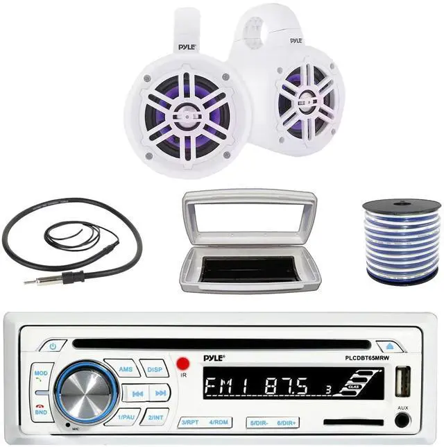 Main image of Pyle PLCDBT65 Single-DIN Marine Bluetooth USB/AUX CD Player AM/FM Stereo Receiver W/White Cover, 2x Pyle 4" 300 Watt Max Power Marine Multicolor LED Tower White Speakers W/50 Feet 18G Wire, Antenna