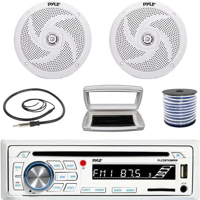 Main image of Pyle PLCDBT65 Single-DIN Marine Bluetooth USB/AUX CD Player AM/FM Stereo Receiver W/White Cover, 2x Pyle PLMRS6W 6'' 240W Max Power Low Profile 2-Way Boat White Speakers W/50 Feet 18G Wire, Antenna