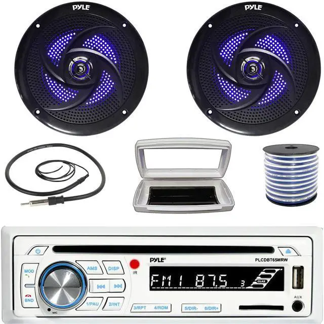 Main image of Pyle PLCDBT65 Single-DIN Marine Bluetooth USB/AUX CD Player AM/FM Stereo Receiver W/White Cover, 2x 8'' 320 Watt Max Power Low Profile 2-Way Blue LED Black Boat Speakers W/50 Feet 18G Wire, Antenna