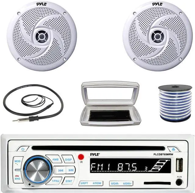 Main image of Pyle PLCDBT65 Single-DIN Marine Bluetooth USB/AUX CD Player AM/FM Stereo Receiver W/White Cover, 2x Pyle PLMRS8W 8'' 320W Max Power Low Profile 2-Way Boat White Speakers W/50 Feet 18G Wire, Antenna