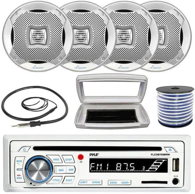 Main image of Pyle PLCDBT65 Single-DIN Marine Bluetooth USB/AUX CD Player AM/FM Stereo Receiver W/White Cover, 4x Lanzar 5.25 200W Max Power Water Resistant Boat 2-Way Silver Speakers W/50 Feet 18G Wire, Antenna