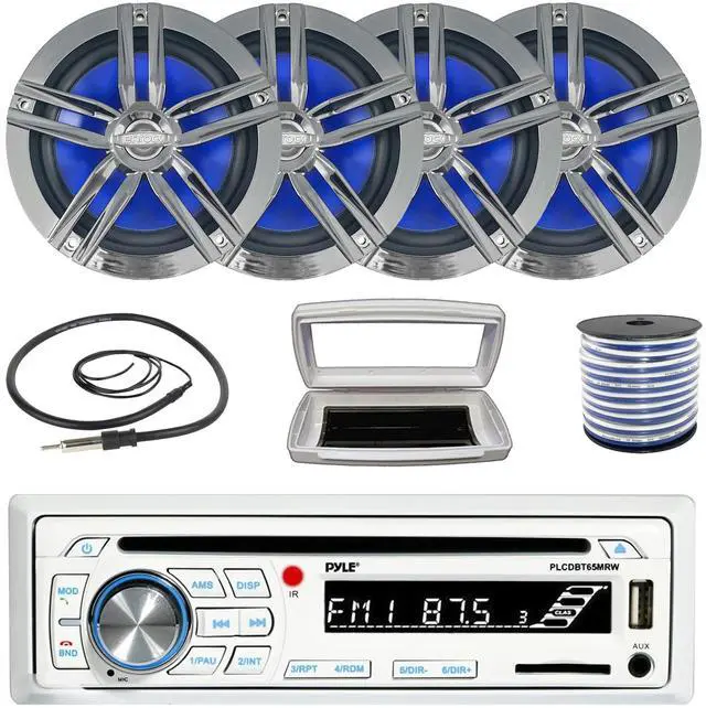 Main image of Pyle PLCDBT65 Single-DIN Marine Bluetooth USB/AUX CD Player AM/FM Stereo Receiver W/White Cover, 4x 6.5" 180W Max Power 2-Way High-Performance Boat Charcoal Speakers W/50 Feet 18G Wire, Radio Antenna