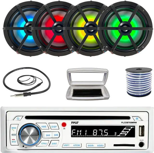 Main image of Pyle PLCDBT65 Single-DIN Marine Bluetooth USB/AUX CD Player AM/FM Stereo Receiver W/White Cover, 4x Enrock EM265RGB 6.5" 120 Watt Max Power RGB LED Coaxial Boat Speakers W/50 Feet 18G Wire, Antenna