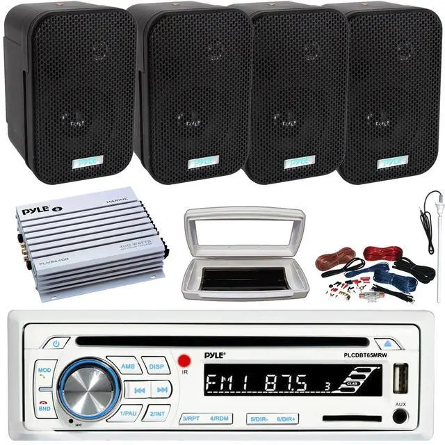 Main image of Pyle PLCDBT65 Single-DIN Marine Bluetooth USB/AUX CD Player AM/FM Stereo Receiver W/White Cover, 4x 3.5" 300W Max Power Indoor/Outdoor Black Speakers, 4 Channel 400W Max Amplifier W/Kit, Radio Antenna
