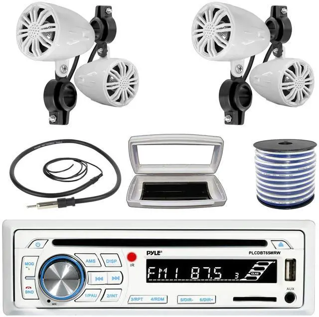 Main image of Pyle PLCDBT65 Single-DIN Marine Bluetooth USB/AUX CD Player AM/FM Stereo Receiver W/White Cover, 4x Pyle PLMR22WT 2.25' 10W Max Power Full Range Off-Road White Speakers W/50 Feet 18G Wire, Antenna