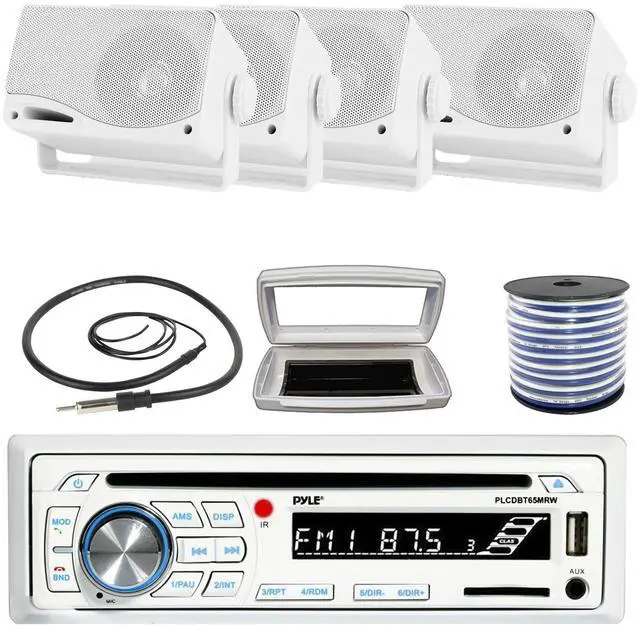 Main image of Pyle PLCDBT65 Single-DIN Marine Bluetooth USB/AUX CD Player AM/FM Stereo Receiver W/White Cover, 4x 3.5'' 200W Max Power 3-Way Weather Proof Mini Box White Speakers W/50 Feet 18G Wire, 22" Antenna