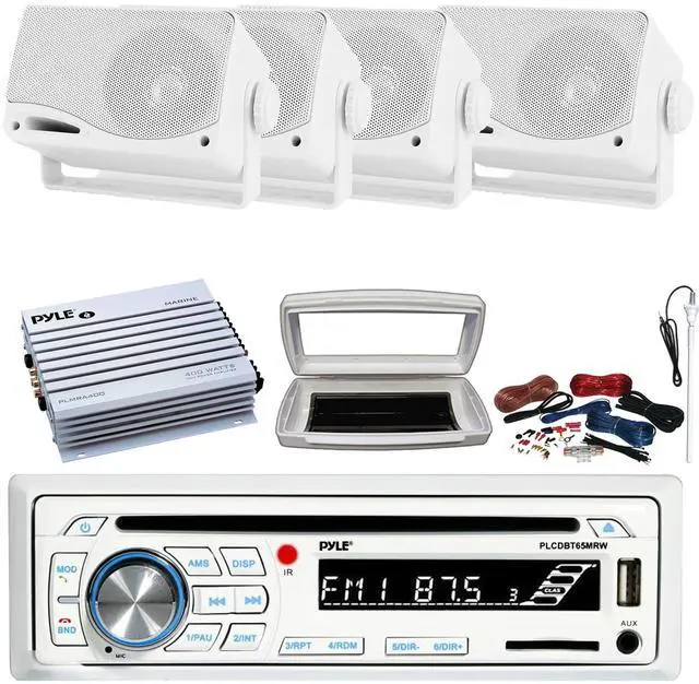 Main image of Pyle PLCDBT65 Single-DIN Marine Bluetooth USB/AUX CD Player AM/FM Stereo Receiver W/White Cover, 4x 3.5'' 200W Max Power 3-Way Weather Proof Mini Box Speakers, 4 Channel Amplifier W/Kit, Radio Antenna