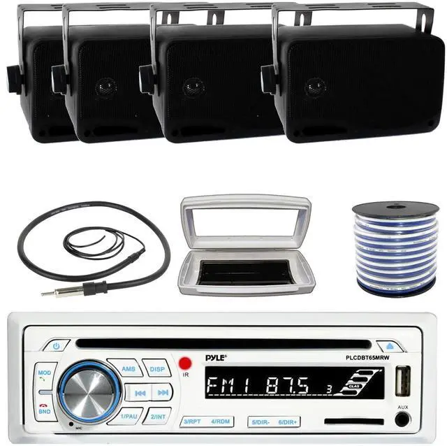 Main image of Pyle PLCDBT65 Single-DIN Marine Bluetooth USB/AUX CD Player AM/FM Stereo Receiver W/White Cover, 4x 3.5'' 200W Max Power 3-Way Indoor/Outdoor Wall Mount Black Speakers W/50 Feet 18G Wire, 22" Antenna