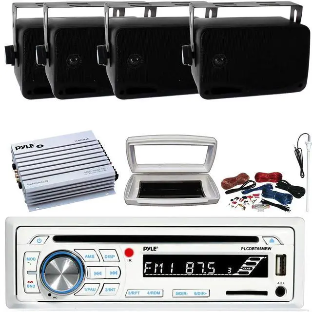 Main image of Pyle PLCDBT65 Single-DIN Marine Bluetooth USB/AUX CD Player AM/FM Stereo Receiver W/White Cover, 4x 3.5'' 200W Max 3-Way Indoor/Outdoor Wall Mount Speakers, 4 Channel 400W Max Amplifier W/Kit, Antenna