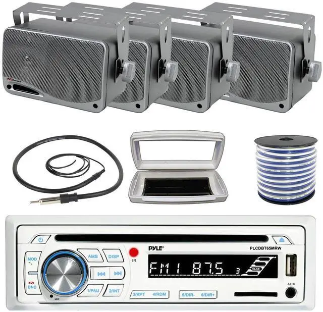Main image of Pyle PLCDBT65 Single-DIN Marine Bluetooth USB/AUX CD Player AM/FM Stereo Receiver W/White Cover, 4x 3.5'' 200W Max Power 3-Way Weather Proof Mini Box Silver Speakers W/50 Feet 18G Wire, Radio Antenna