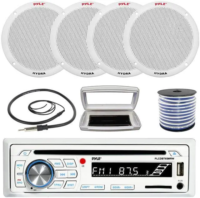 Main image of Pyle PLCDBT65 Single-DIN Marine Bluetooth USB/AUX CD Player AM/FM Stereo Receiver W/White Cover, 4x Pyle PLMR605W 6.5'' 400W Max Power Dual Cone 2-way Full Range Speakers W/50 Feet 18G Wire, Antenna