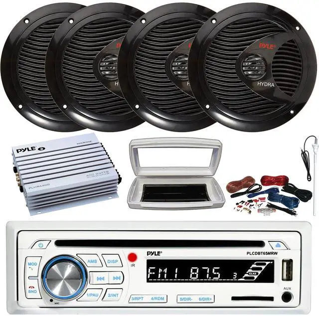 Main image of Pyle PLCDBT65 Single-DIN Marine Bluetooth USB/AUX CD Player AM/FM Stereo Receiver W/White Cover, 4x 6.5" 150W Max Power Full Range Dual Cone Black Speakers, 4 Channel 400W Max Amplifier W/Kit, Antenna