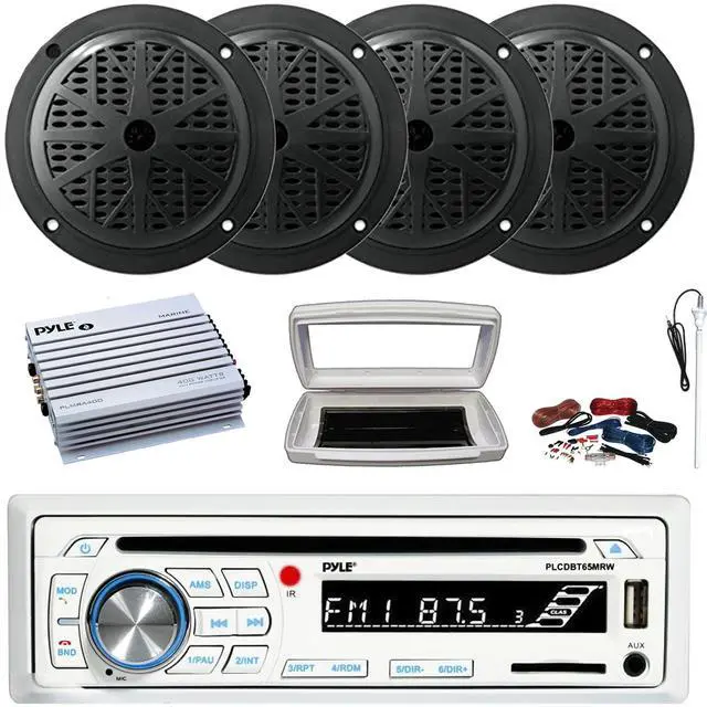 Main image of Pyle PLCDBT65 Single-DIN Marine Bluetooth USB/AUX CD Player AM/FM Stereo Receiver W/White Cover, 4x 6.5'' 120 Watts Max Power Dual Cone Boat Black Speakers, 4 Channel 400W Max Amplifier W/Kit, Antenna