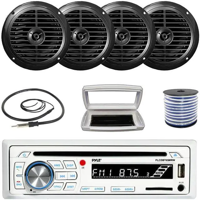 Main image of Pyle PLCDBT65 Single-DIN Marine Bluetooth USB/AUX CD Player AM/FM Stereo Receiver W/White Cover, 4x Pyle PLMR67B 6.5'' 120W Max Power Dual Cone Waterproof Black Speakers W/50 Feet 18G Wire, Antenna