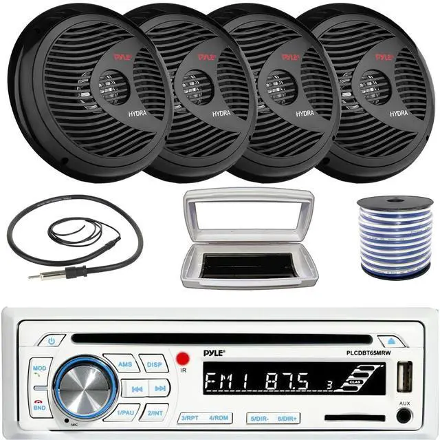 Main image of Pyle PLCDBT65 Single-DIN Marine Bluetooth USB/AUX CD Player AM/FM Stereo Receiver W/White Cover, 4x 8'' 180 Watt Max Power Waterproof Full Range Stereo Black Boat Speakers W/50 Feet 18G Wire, Antenna