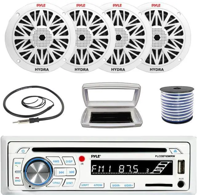 Main image of Pyle PLCDBT65 Single-DIN Marine Bluetooth USB/AUX CD Player AM/FM Stereo Receiver W/White Cover, 4x Pyle PLMR82 8" 300W Max Power 2-Way Boat White Speakers W/50 Feet 18 Gauge Wire, 22" Radio Antenna