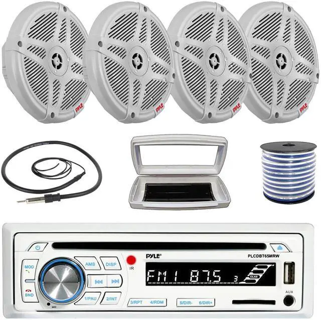 Main image of Pyle PLCDBT65 Single-DIN Marine Bluetooth USB/AUX CD Player AM/FM Stereo Receiver W/White Cover, 4x 6.5" 600W Max Power Dual 2-Way Coaxial Range Amplified White Speakers W/50 Feet 18G Wire, Antenna