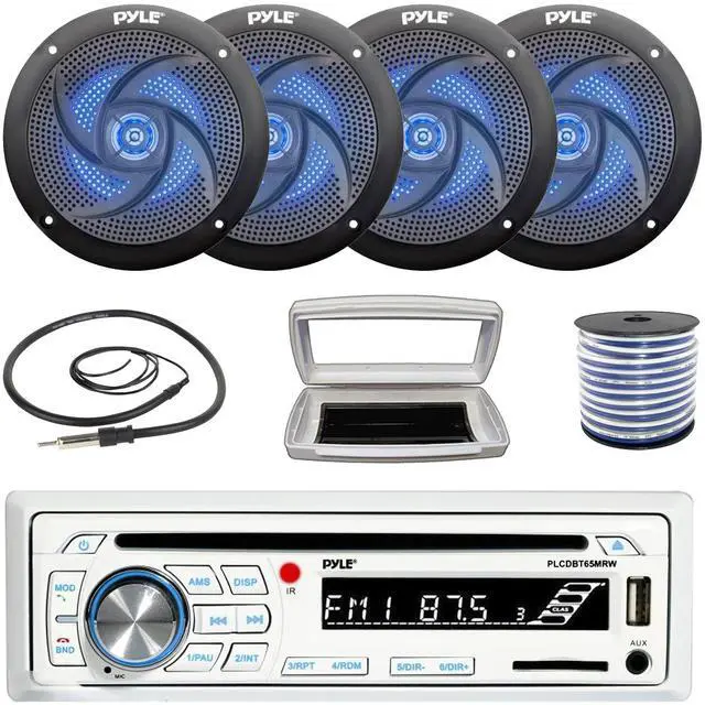 Main image of Pyle PLCDBT65 Single-DIN Marine Bluetooth USB/AUX CD Player AM/FM Stereo Receiver W/White Cover, 4x 5.25" 180W Max Power 2-Way Low Profile Blue LED Black Boat Speakers W/50 Feet 18G Wire, 22" Antenna