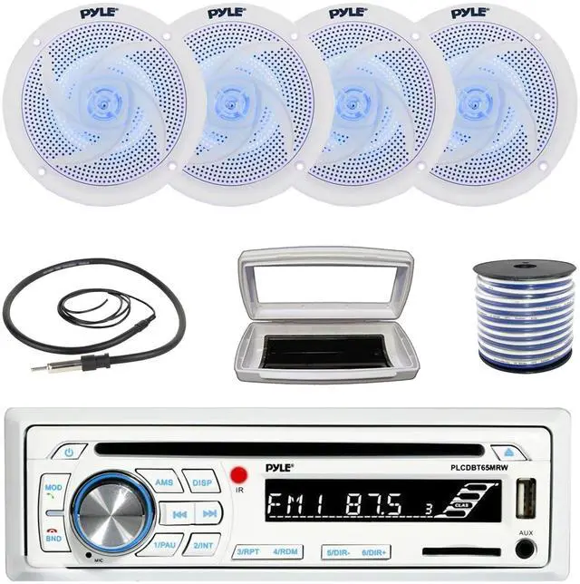 Main image of Pyle PLCDBT65 Single-DIN Marine Bluetooth USB/AUX CD Player AM/FM Stereo Receiver W/White Cover, 4x 5.25" 180W Max Power 2-Way Low Profile Blue LED White Speakers W/50 Feet 18 Gauge Wire, 22" Antenna