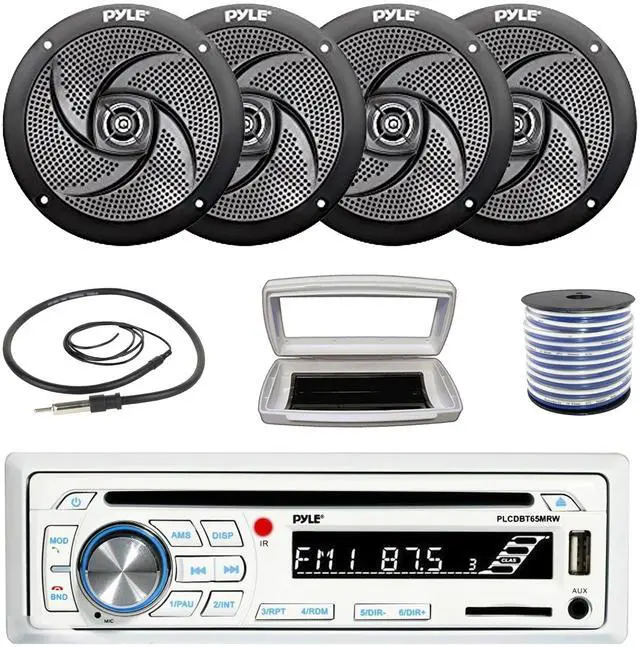 Main image of Pyle PLCDBT65 Single-DIN Marine Bluetooth USB/AUX CD Player AM/FM Stereo Receiver W/White Cover, 4x 5.25" 180W Max Power 2-Way Low Profile Boat Audio Black Speakers W/50 Feet 18G Wire, 22" Antenna