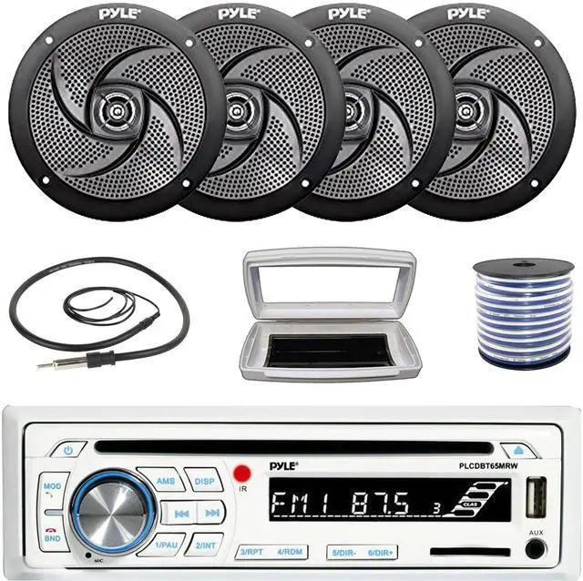 Main image of Pyle PLCDBT65 Single-DIN Marine Bluetooth USB/AUX CD Player AM/FM Stereo Receiver W/White Cover, 4x Pyle PLMRS6B 6'' 240W Max Power Low Profile 2-Way Boat Black Speakers W/50 Feet 18G Wire, Antenna