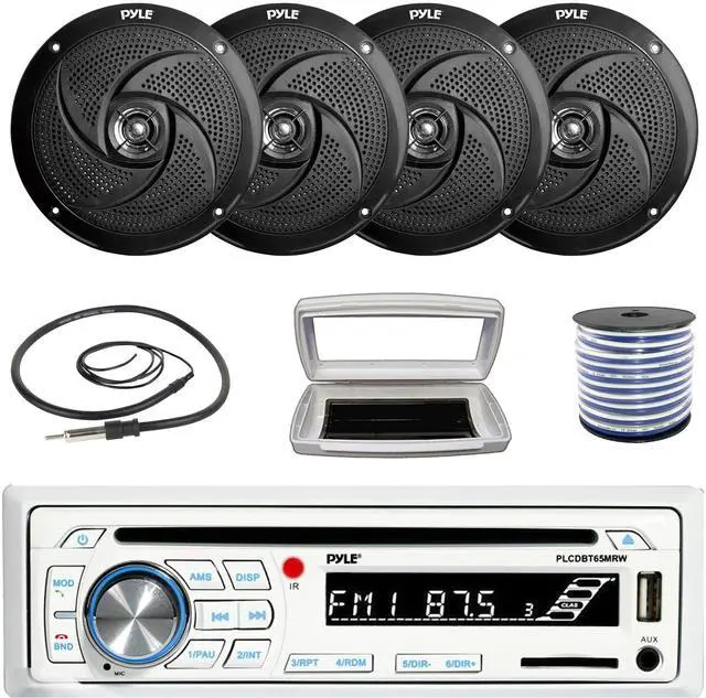 Main image of Pyle PLCDBT65 Single-DIN Marine Bluetooth USB/AUX CD Player AM/FM Stereo Receiver W/White Cover, 4x Pyle PLMRS8B 8'' 320W Max Power Low Profile 2-Way Boat Black Speakers W/50 Feet 18G Wire, Antenna