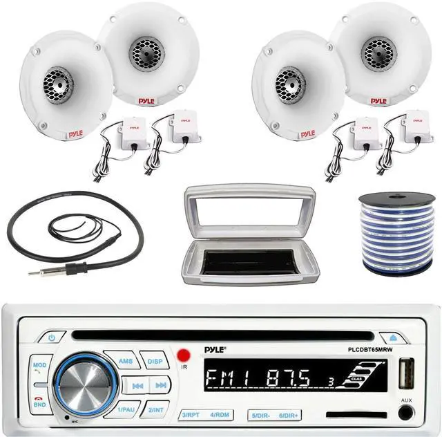 Main image of Pyle PLCDBT65 Single-DIN Marine Bluetooth USB/AUX CD Player AM/FM Stereo Receiver W/White Cover, 4x 1" 120 Watt Peak Power PEI Dome Tweeters White Marine Speaker System W/50 Feet 18G Wire, 22" Antenna