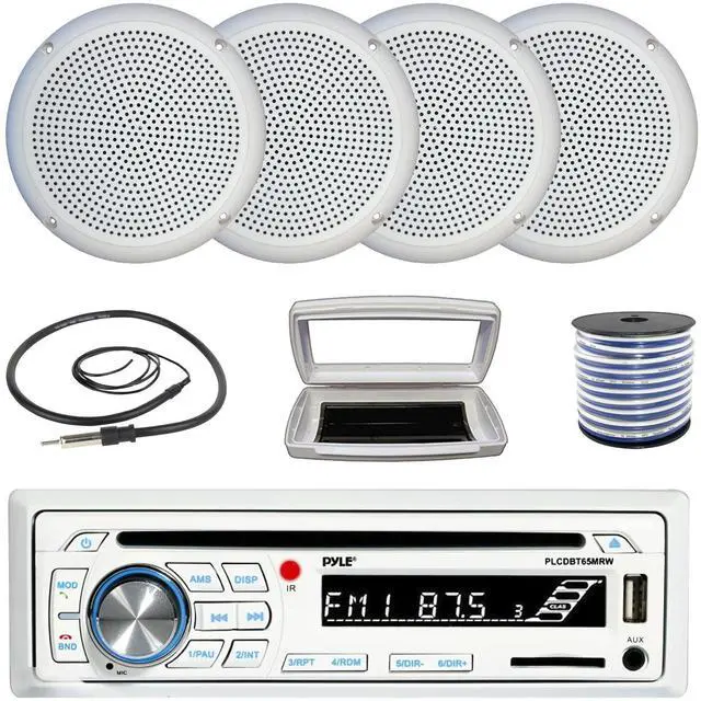 Main image of Pyle PLCDBT65 Single-DIN Marine Bluetooth USB/AUX CD Player AM/FM Stereo Receiver W/White Cover, 4x Connexx SPM5C 5.25" 20 Watts RMS Polycone Audio White Boat Speakers W/50 Feet 18G Wire, 22" Antenna
