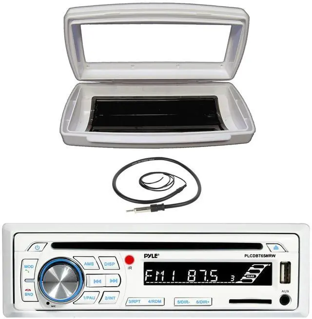 Main image of Pyle PLCDBT65 Single-DIN Marine Bluetooth USB/AUX CD Player AM/FM Stereo Receiver W/White Marine Stereo Splash Cover Bundle Combo With Flexible Hideaway Wired A