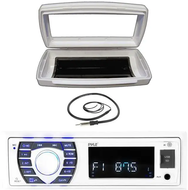 Main image of Pyle PLCDBT65 Single-DIN Marine Bluetooth USB/AUX CD Player AM/FM Stereo Receiver W/White Marine Stereo Splash Cover Bundle Combo With Flexible Hideaway Wired AM/FM 22" Radio Antenna (Black)