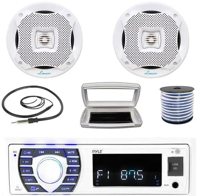 Main image of Pyle PLRMR23BTW Single-DIN Bluetooth Marine USB/AUX MP3/SD AM/FM Radio Stereo Receiver W/White Cover, 2x 6.5 400 Watt Max Power 2-Way Full-Range Waterproof White Speakers W/50 Feet Wire, Antenna