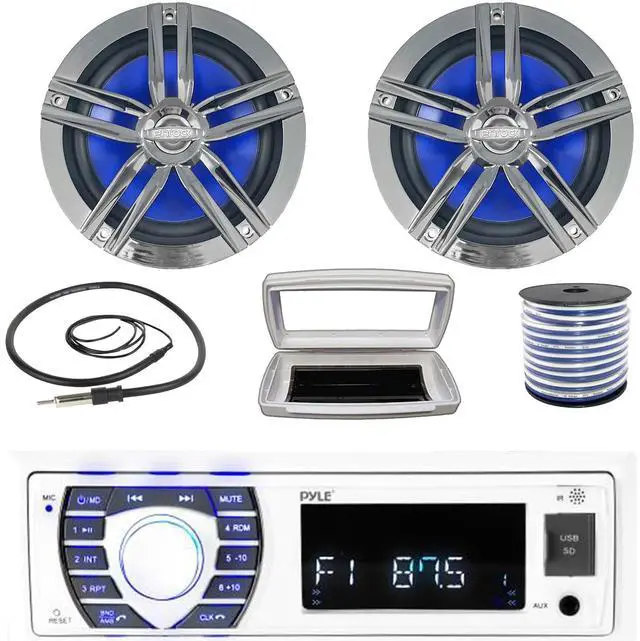 Main image of Pyle PLRMR23BTW Single-DIN Bluetooth Marine USB/AUX MP3/SD AM/FM Radio Stereo Receiver W/White Cover, 2x 6.5" 180W Max Power 2-Way High-Performance Boat Charcoal Speakers W/50 Feet Wire, Radio Antenna