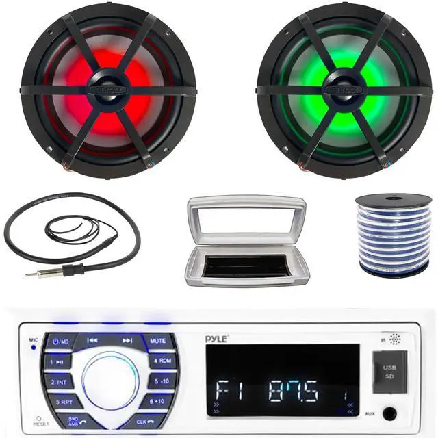Main image of Pyle PLRMR23BTW Single-DIN Bluetooth Marine USB/AUX MP3/SD AM/FM Radio Stereo Receiver W/White Cover, 2x Enrock EM265RGB 6.5" 120 Watt Max Power RGB LED Coaxial Boat Speakers W/50 Feet Wire, Antenna