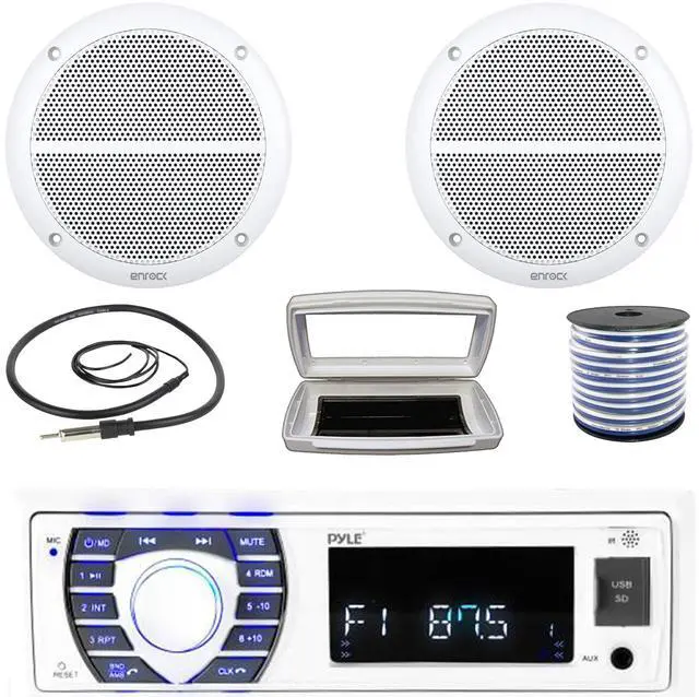 Main image of Pyle PLRMR23BTW Single-DIN Bluetooth Marine USB/AUX MP3/SD AM/FM Radio Stereo Receiver W/White Cover, 2x Enrock EM602W 6.5" 90W Max Power 2-Way Full Range White Boat Speakers W/50 Feet Wire, Antenna