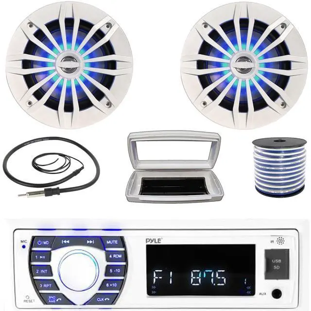 Main image of Pyle PLRMR23BTW Single-DIN Bluetooth Marine USB/AUX MP3/SD AM/FM Radio Stereo Receiver W/White Cover, 2x 6.5" 180W Max Power 2-Way Blue LED White Boat Speakers W/50 Feet 18 Gauge Wire, Radio Antenna
