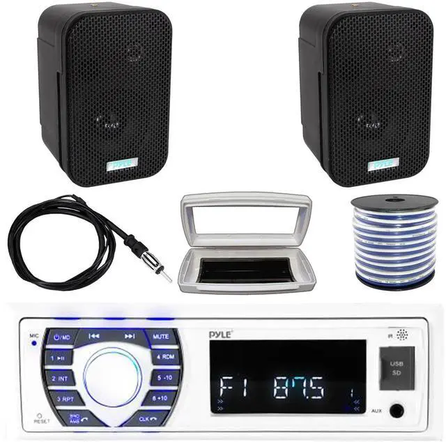 Main image of Pyle PLRMR23BTW Single-DIN Bluetooth Marine USB/AUX MP3/SD AM/FM Radio Stereo Receiver W/White Cover, 2x 3.5" 300W Max Power Indoor/Outdoor Black Waterproof Speakers W/50 Feet Wire, 22" Radio Antenna