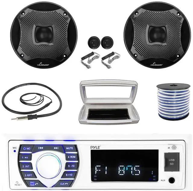 Alt view image 2 of 7 - Pyle PLRMR23BTW Single-DIN Bluetooth Marine USB/AUX MP3/SD AM/FM Radio Stereo Receiver W/White Cover, 2x Lanzar 6.5" 450W Max Power 2-Way Boat Audio Component White Speakers W/50 Feet Wire, Antenna