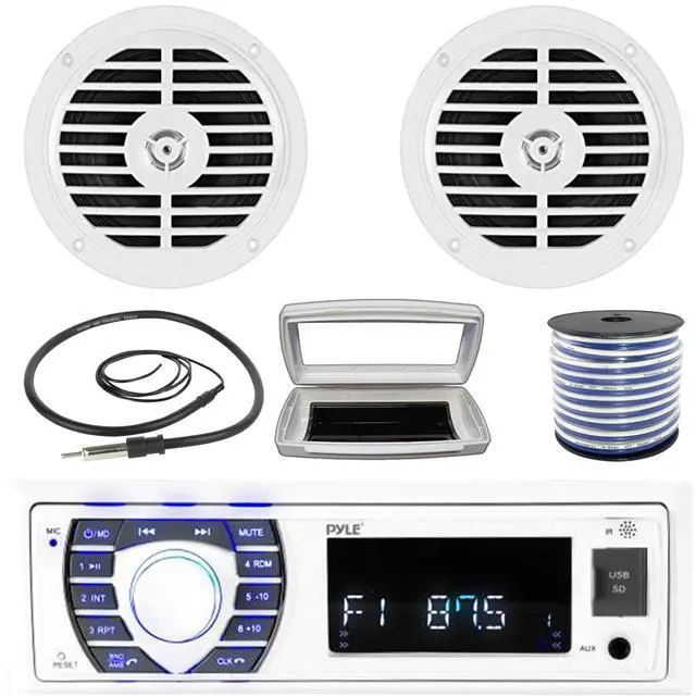 Main image of Pyle PLRMR23BTW Single-DIN Bluetooth Marine USB/AUX MP3/SD AM/FM Radio Stereo Receiver W/White Cover, 2x Pyle PLMR57W 5.25" 100W Max Power Dual Cone Full Range White Speakers W/50 Feet Wire, Antenna