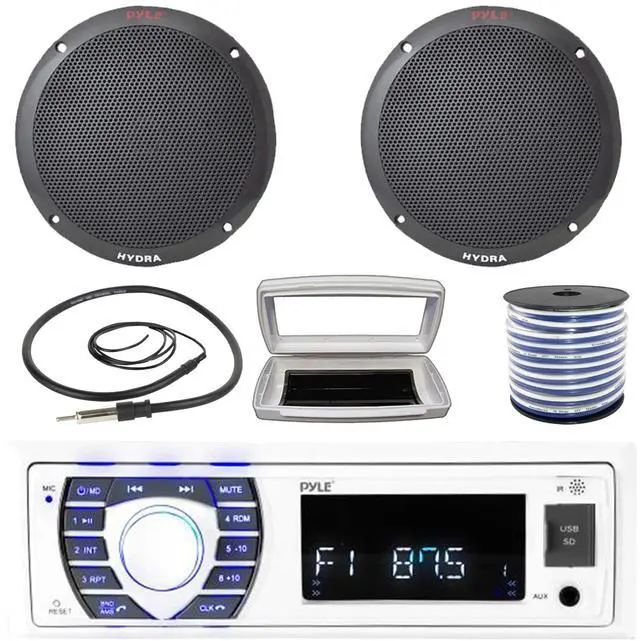 Main image of Pyle PLRMR23BTW Single-DIN Bluetooth Marine USB/AUX MP3/SD AM/FM Radio Stereo Receiver W/White Cover, 2x Pyle PLMR605B 6.5'' 400W Max Power Dual Cone 2-way Full Range Speakers W/50 Feet Wire, Antenna