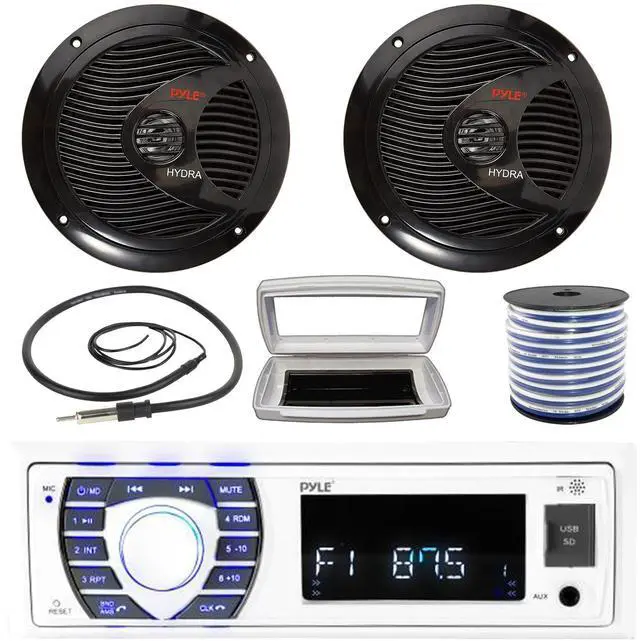 Main image of Pyle PLRMR23BTW Single-DIN Bluetooth Marine USB/AUX MP3/SD AM/FM Radio Stereo Receiver W/White Cover, 2x Pyle PLMR60B 6.5" 150W Max Power Full Range Dual Cone Black Speakers W/50 Feet Wire, Antenna