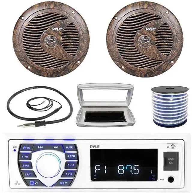 Main image of Pyle PLRMR23BTW Single-DIN Bluetooth Marine USB/AUX MP3/SD AM/FM Radio Stereo Receiver W/White Cover, 2x 6.5'' 150W Max Power Full Range Camouflage Waterproof Speakers W/50 Feet Wire, Radio Antenna